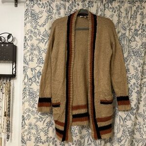 Beige Knit Cardigan with Striped Trim